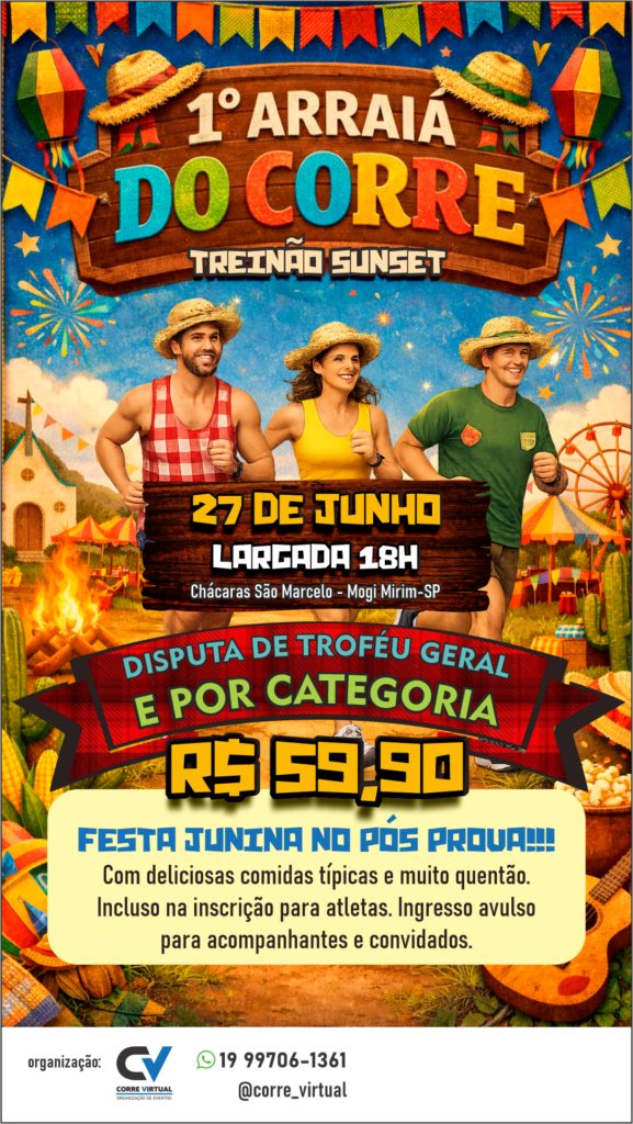 Cartaz do evento 1º Arraiá do Corre — Treinão Sunset